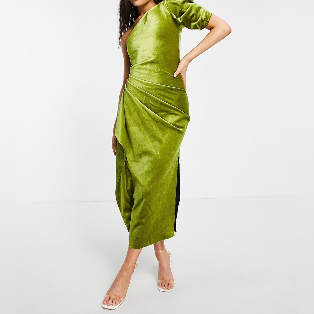 ASOS DESIGN one shoulder puff sleeve velvet ruffle midi dress in olive SIZE 0
